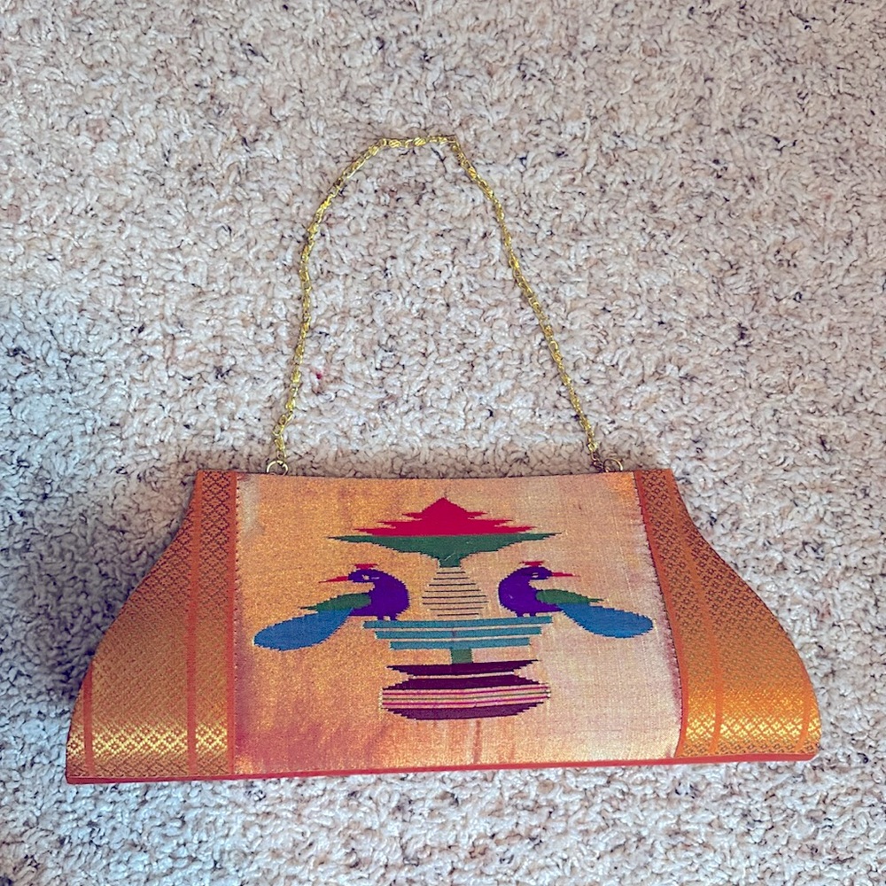 Indian bag wristlet clutch ethnic beautiful sari silk peacocks formal purse